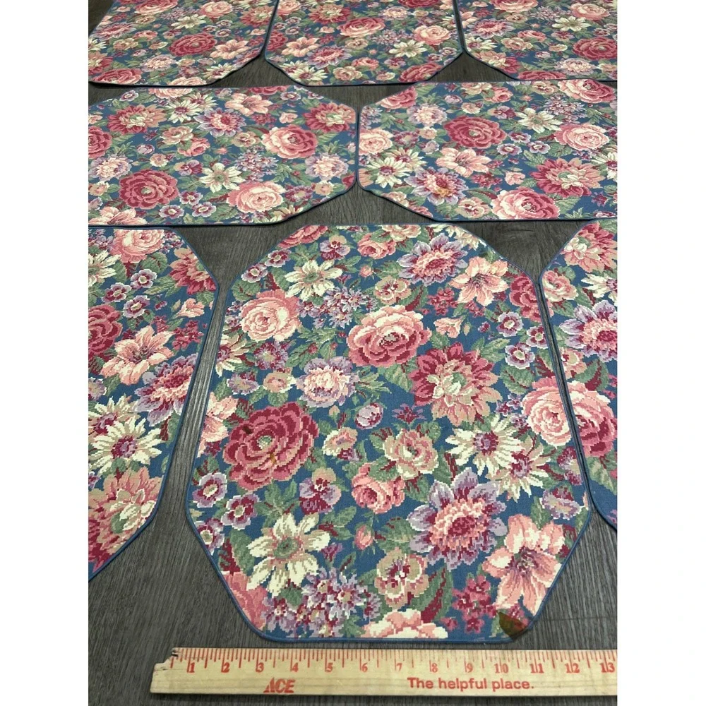 Vintage 80s 90s Quilted Placemats Set of 8 Cottagecore Cabbage Rose Floral Blue